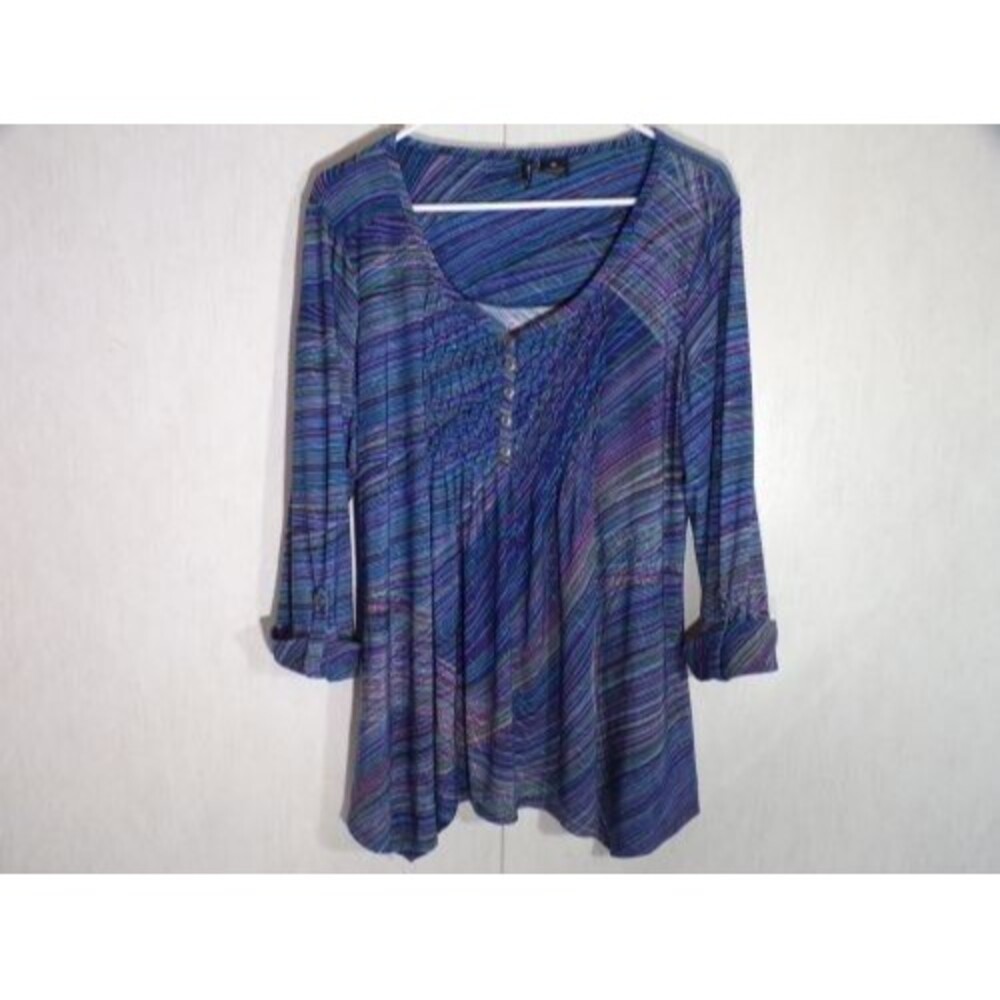 New Directions Womens Blouse Roll Tab Sleeves Stretch XL Blue Handkerchief Hem
